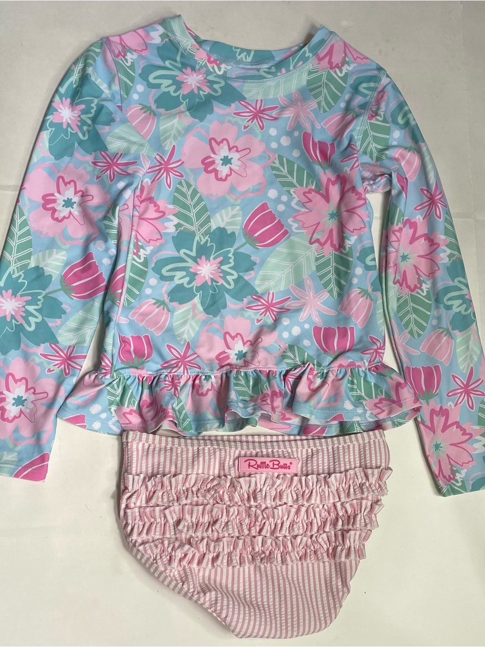 RuffleButts Girls Size 10 Pastel Petals Long Sleeve Rash Guard Swimsuit Set